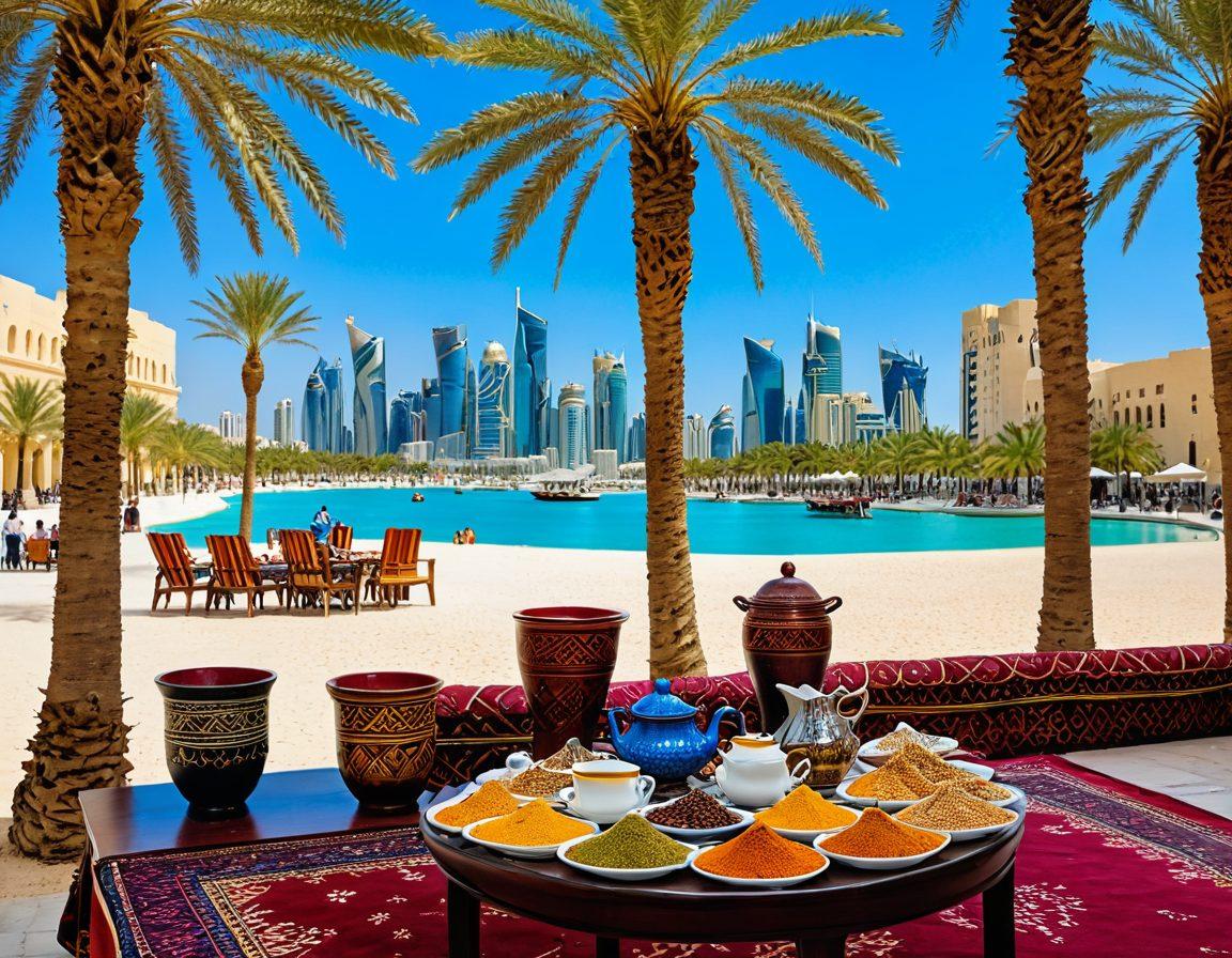 A captivating view of the vibrant souqs of Qatar, filled with colorful textiles and spices, where locals and tourists interact joyfully. The skyline of Doha glimmers in the background under a bright blue sky, with a date palm tree adding to the scene's warmth. Include a traditional Arab coffee setup with intricate designs on a table in the foreground, symbolizing hospitality. super-realistic. vibrant colors. dynamic composition.