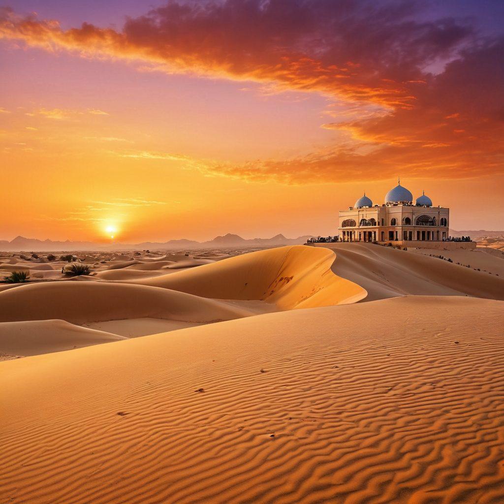 A breathtaking landscape of Qatar showcasing dramatic sand dunes under a vibrant sunset, with traditional Qatari architecture in the foreground. Include a welcoming local in traditional attire, offering dates and Arabic coffee. The sky should be a gradient of orange and purple, reflecting a sense of adventure and warmth. Capture the essence of hospitality with an inviting atmosphere. super-realistic. vibrant colors. 3D.