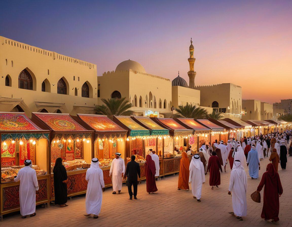 A lively street scene showcasing traditional Qatari architecture adorned with colorful decorations, people enjoying local festivities with traditional attire, and a backdrop of the mesmerizing Doha skyline at sunset. Capture the essence of laughter and community spirit with vibrant details like food stalls, musicians, and smiling children. super-realistic. vibrant colors. dynamic atmosphere.